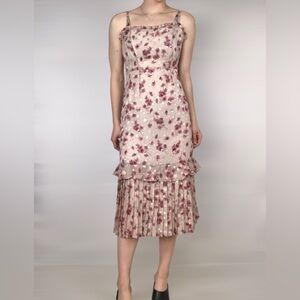 NWT Lulus Terrace Views Taupe Floral Print Tiered Midi Dress Size S